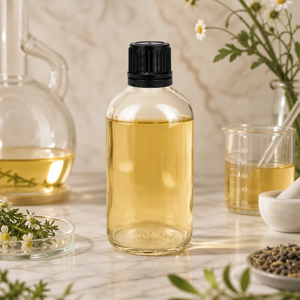 100ml (kulka)Flas. 8mm GR s. STD ClearL. UT18/100 Cylindryczna butelka ze szkła przezroczystego o pojemności 100 ml z czarną zakrętką, wypełniona żółtawym olejem na tle marmuru