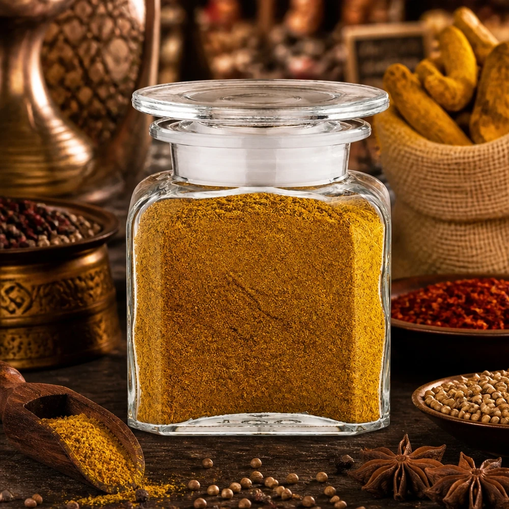 Kwadratowa butelka apteczna o pojemności 100 ml wypełniona curry w proszku, otoczona przyprawami i anyżem gwiazdkowym