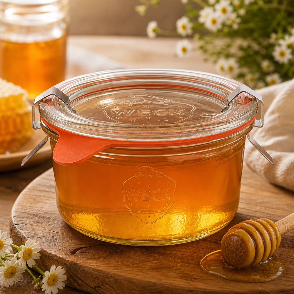 Kubki WECK 165ml RR80 wypełnione złotym miodem obok łyżki miodu i stokrotek na drewnianej desce