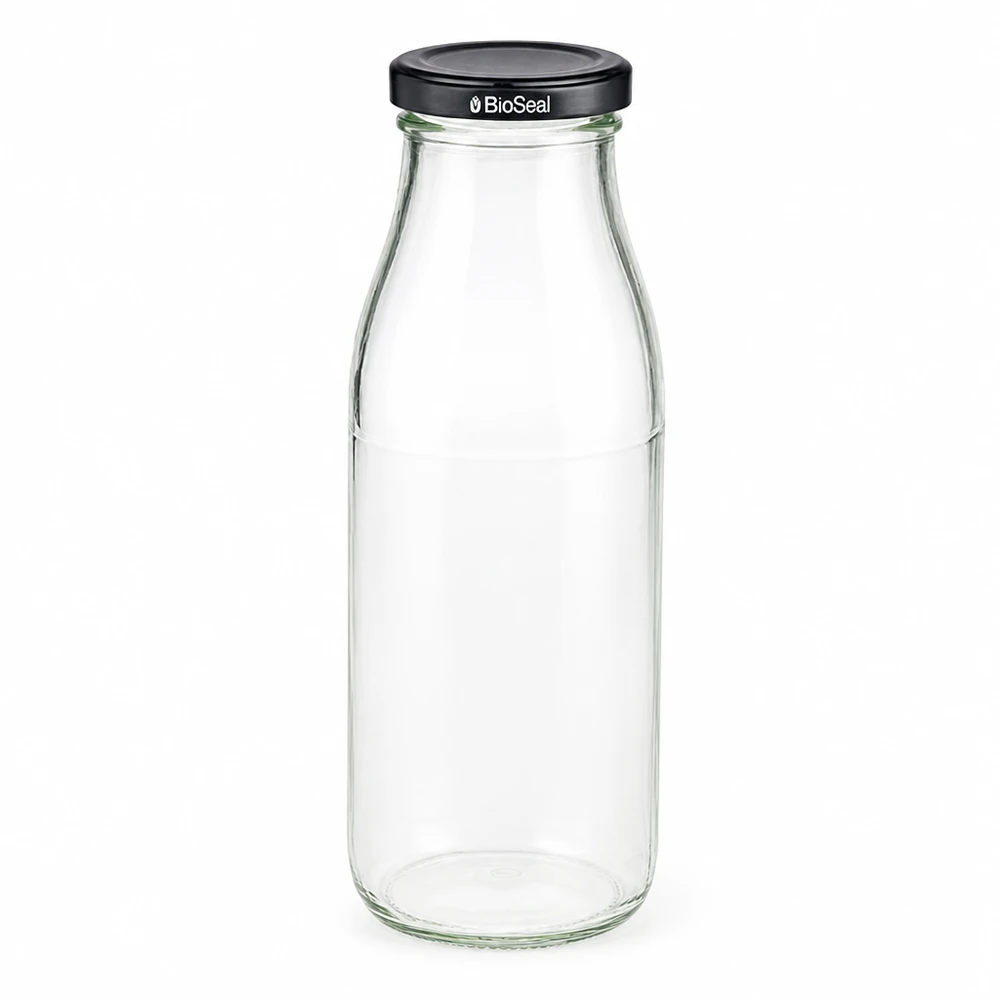 Szklana butelka 500 ml + pokrywka BioSeal czarna UNiTWIST. Całkowicie szczelna z dużą pokrywką TO48. Do mleka, soków i lemoniady. Szklana butelka 500 ml z czarną pokrywką BioSeal, pusta i przezroczysta, do napojów i przechowywania