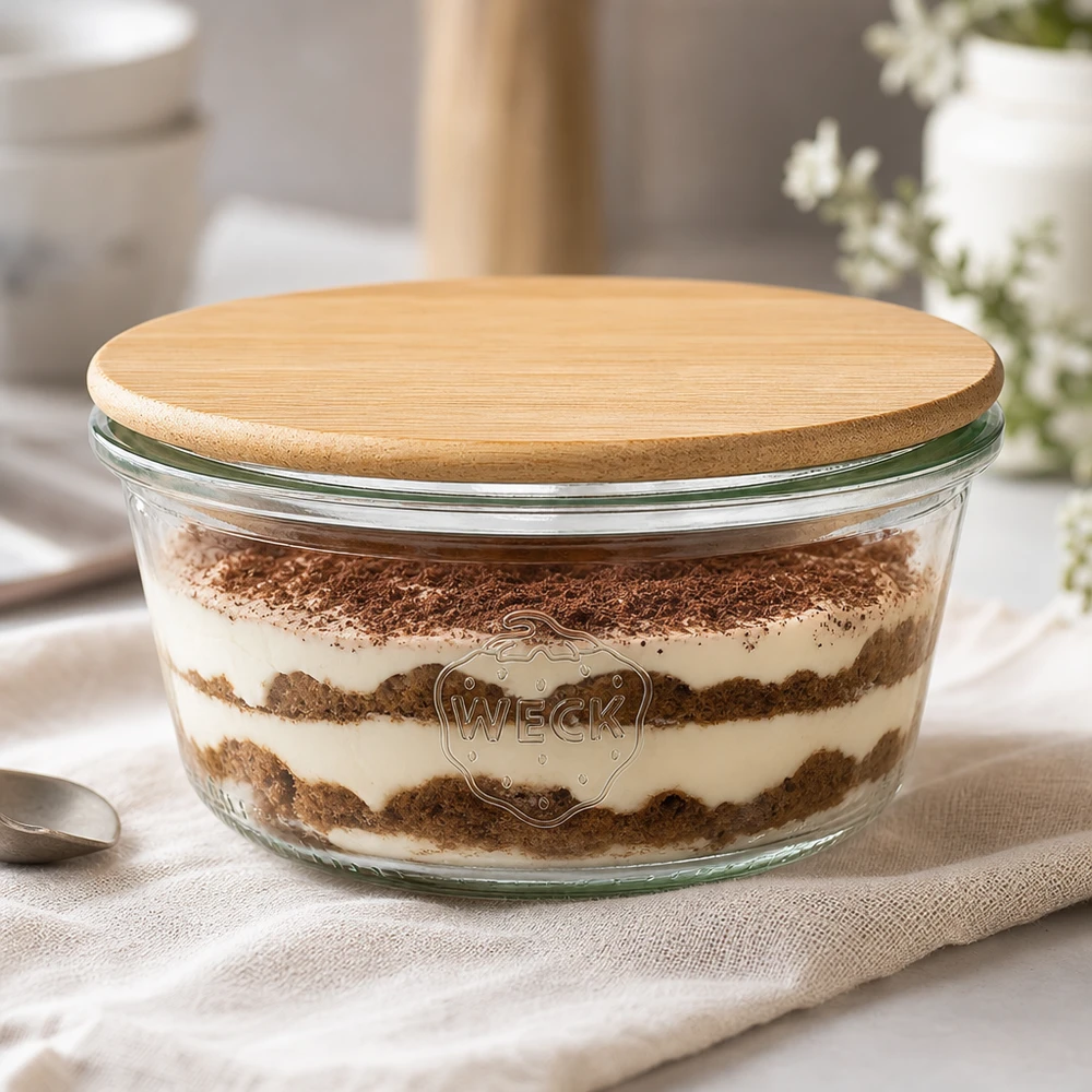 Kubki 290ml niskie WECK RR100 z drewnianą pokrywką Kubki WECK 290ml RR100 wypełnione tiramisu i bambusową drewnianą pokrywką, słoik na deser w eleganckiej oprawie kuchennej
