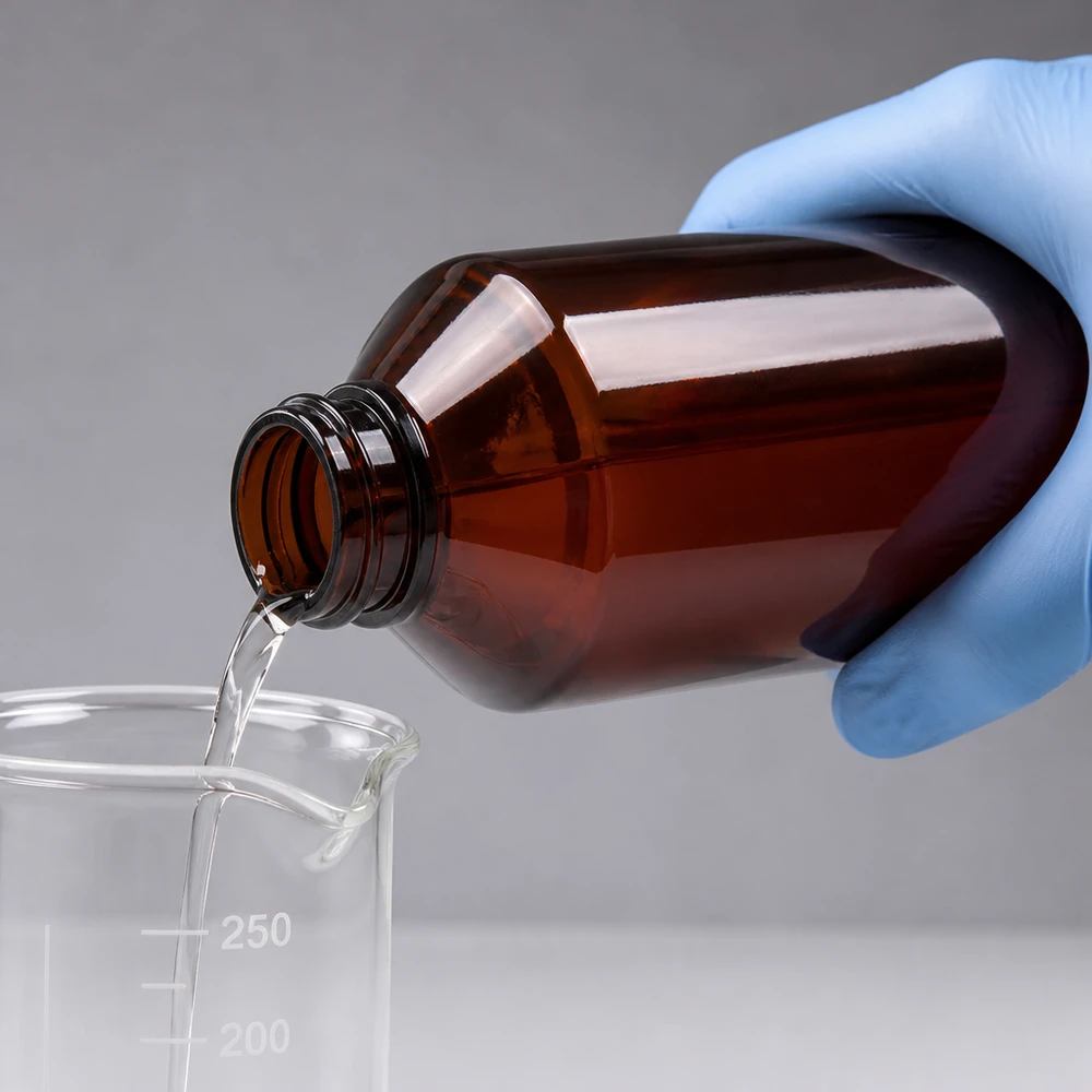 Osoba w rękawicach przelewa przezroczysty płyn z brązowej butelki PET o pojemności 500 ml do zlewki