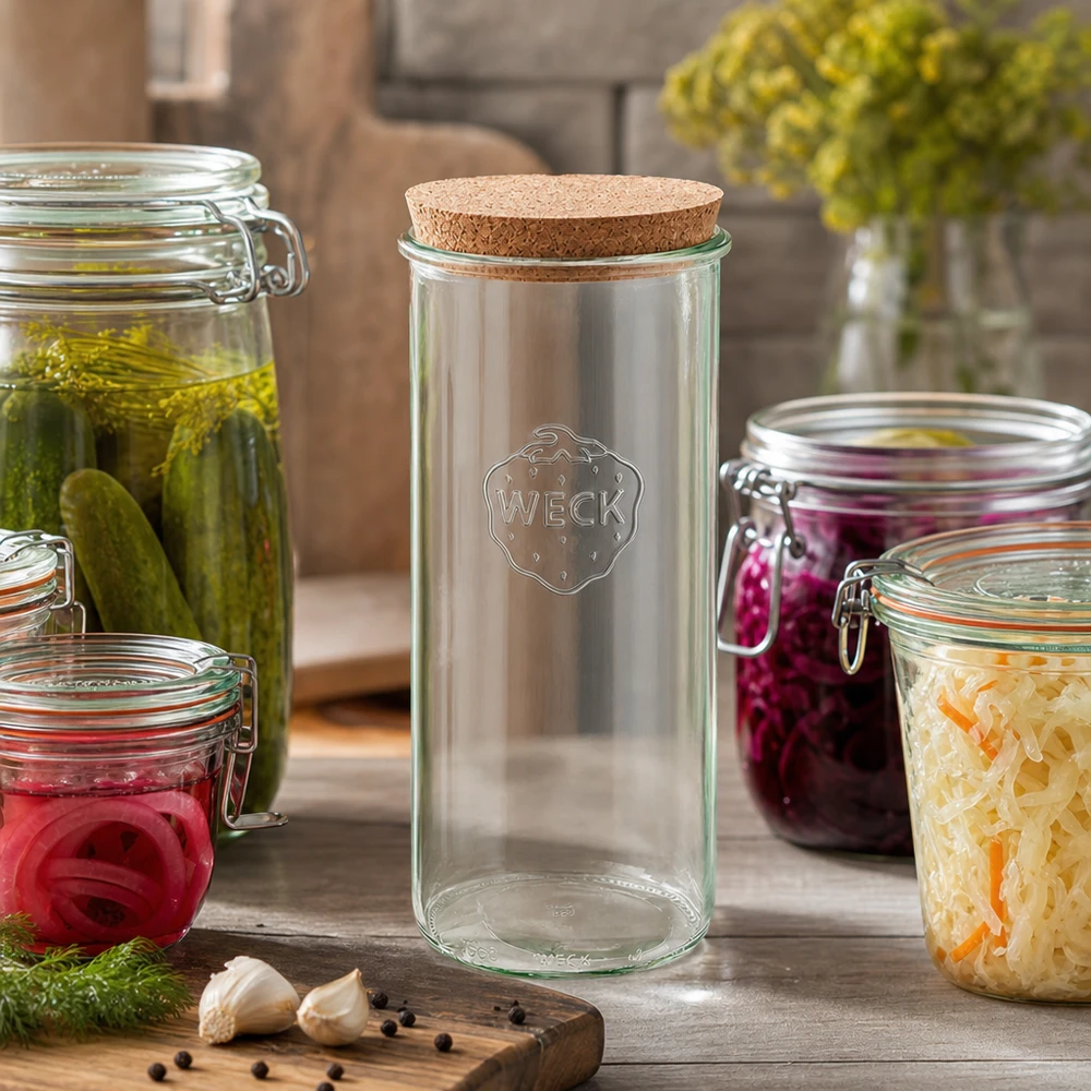 Tumbler 1500ml WECK RR100 z korkiem naturalny WECK Słoik 1500ml RR100 Scena kuchenna z kiszonymi ogórkami kiszona kapusta czerwona cebula Pokrywka korek Konserwowanie