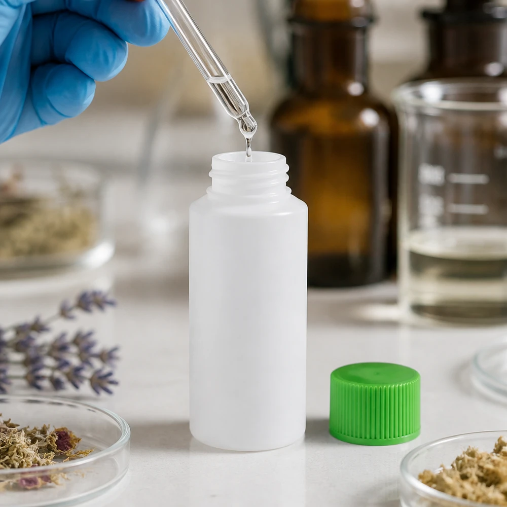 Butelka apteczna HDPE 30ml biała, z zielonym SV Laborantka napełnia pipetą białą butelkę apteczną z HDPE o pojemności 30 ml z zieloną zakrętką