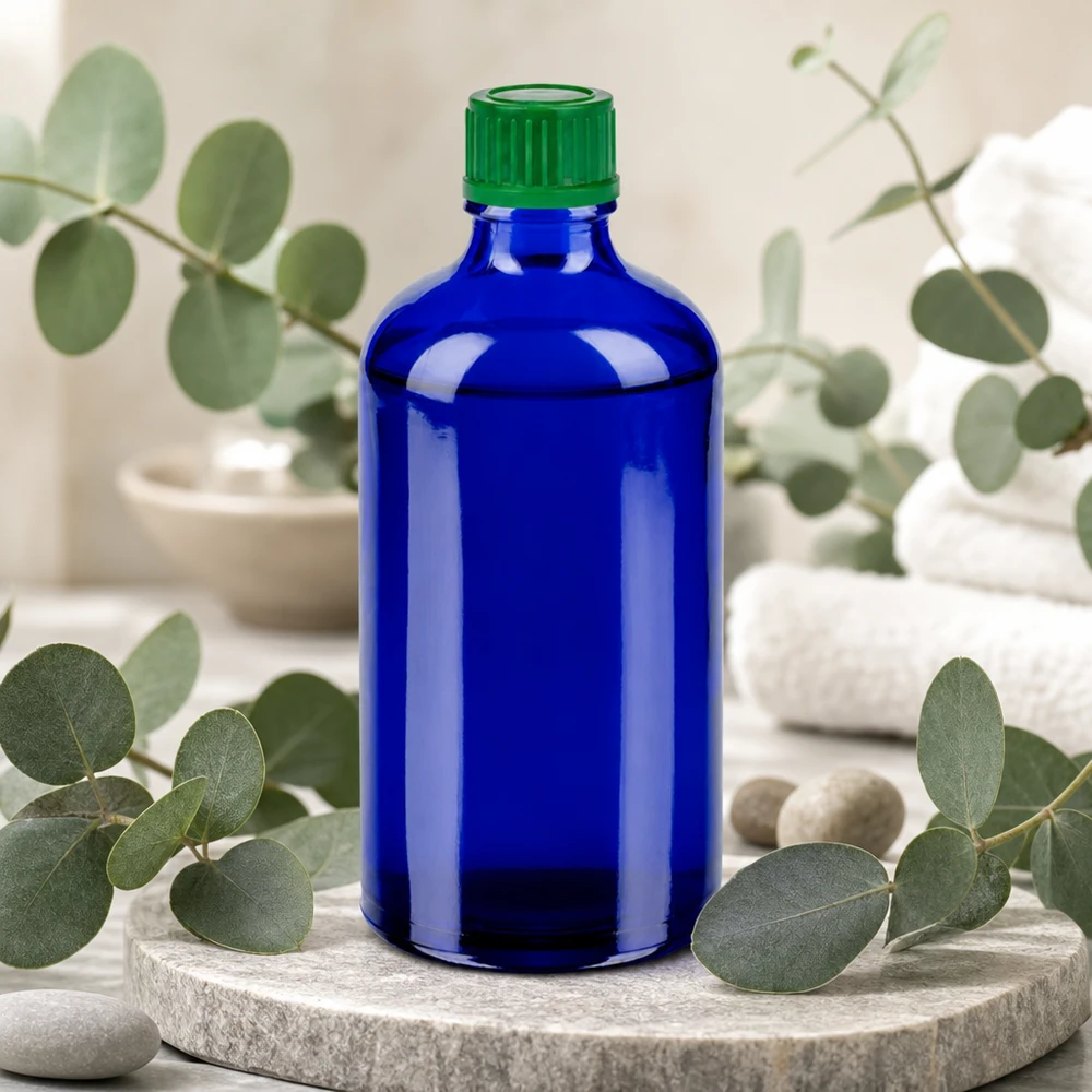 Butelka 100 ml 11 mm SV zielona STD BlueLine UT18/100 Butelka farmaceutyczna 100 ml w kolorze kobaltowo-niebieskim z zieloną nakrętką do zastosowań profesjonalnych
