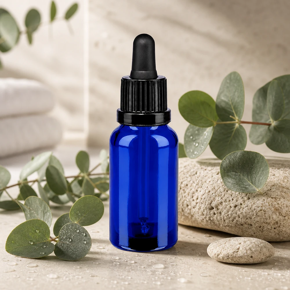 Czarna pipeta OV z niebieską szklaną butelką 20 ml - idealna do aromaterapii i kosmetyków naturalnych