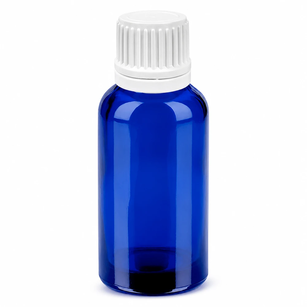 Butelka z kroplomierzem 30 ml 0,7 mm biała OV BlueLine UT18/30 30 ml butelka z niebieskiego szkła z białym zakraplaczem do precyzyjnego dozowania