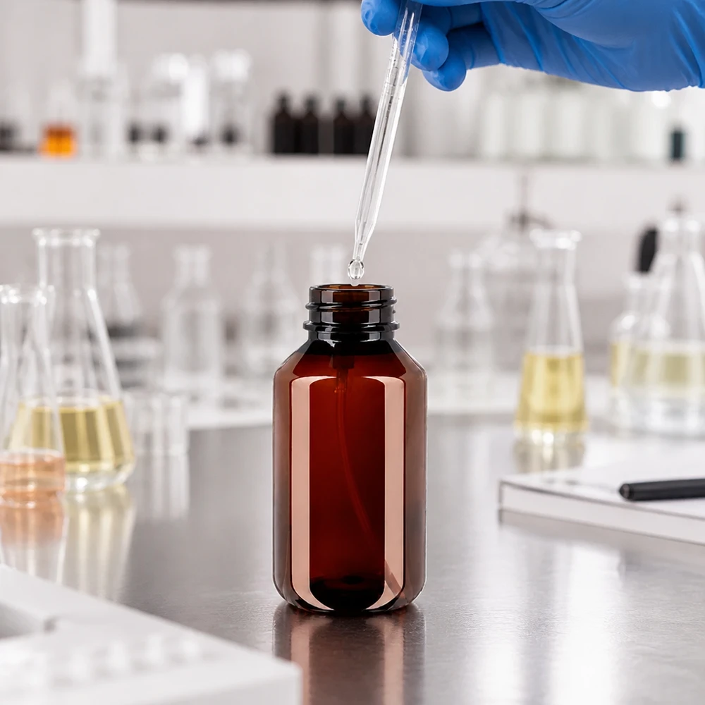 Vielseitige bernsteinfarbene 100ml PET Flasche mit weissem Feinstzerst äuber