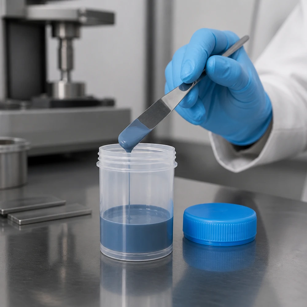 Laborant w niebieskiej rękawiczce napełnia plastikowy pojemnik o pojemności 35 ml z niebieską zakrętką