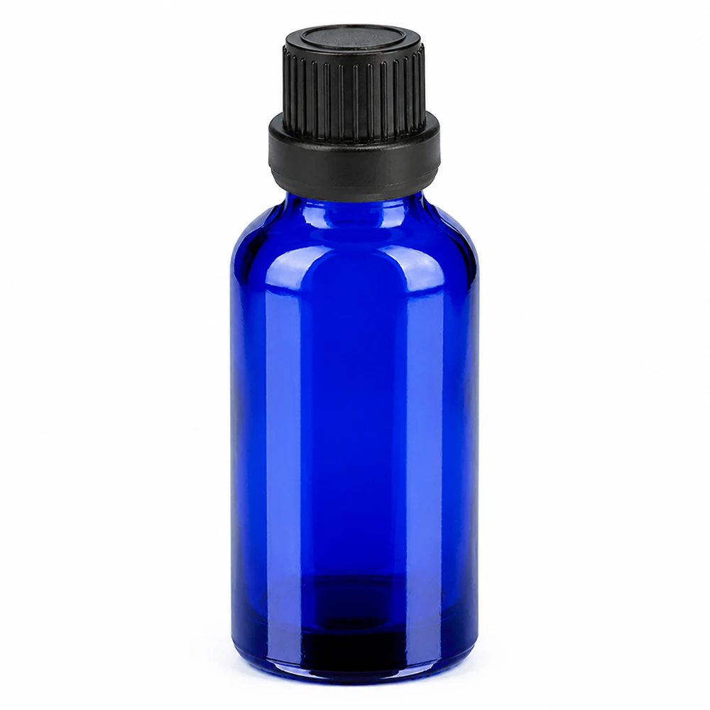 Butelka 30 ml 11 mm SV czarna OV BlueLine UT18/30 Butelka z niebieskiego szkła o pojemności 30 ml z czarną zakrętką na olejki eteryczne i kosmetyki