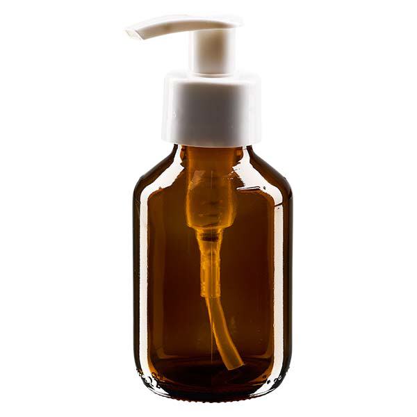 Butelka na lek 100 ml brązowa, z pompką dozującą białą ApoGlas. Farmaceutyczna jakość produkcji UE. Gwint 28 mm (PP28). (syrop, butelka z lekkiego szkła) Butelka na lek 100 ml brązowa, z pompką dozującą białą ApoGlas. Farmaceutyczna jakość produkcji UE. Gwint 28 mm (PP28). (syrop, butelka z lekkiego szkła)