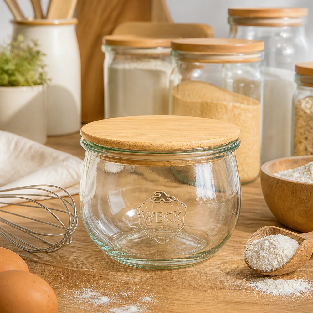 Słoik tulipanowy WECK RR100 o pojemności 580 ml z drewnianą pokrywką WECK słoik tulipan 580ml RR100 drewniana pokrywka akcesoria do pieczenia mąka jajka trzepaczka rustykalny sprzęt kuchenny słoik do przechowywania