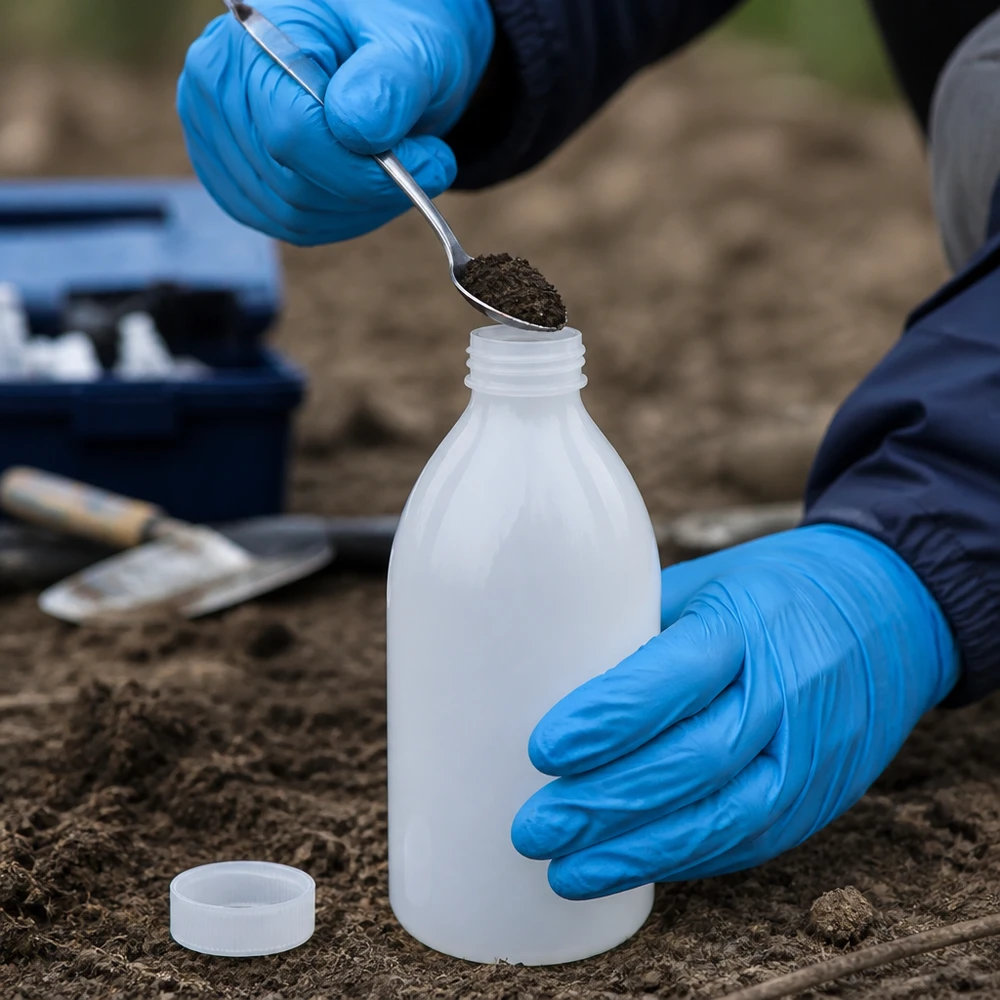 Butelka zakręcana 500 ml, butelka laboratoryjna z wąską szyjką Wissenschaftler entnimmt Erdprobe in 500ml Laborflasche mit engem Hals im Freien