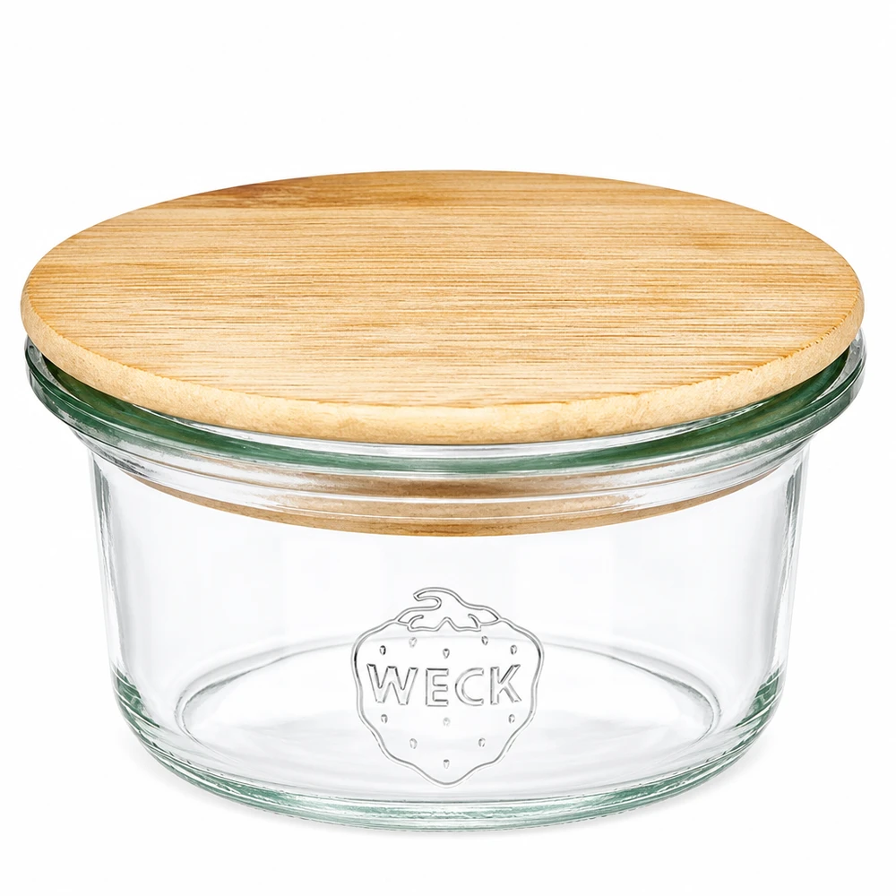 50ml mini kubek WECK RR60 z okrągłą drewnianą pokrywką wykonaną z bambusa, przezroczysty słoik z logo WECK