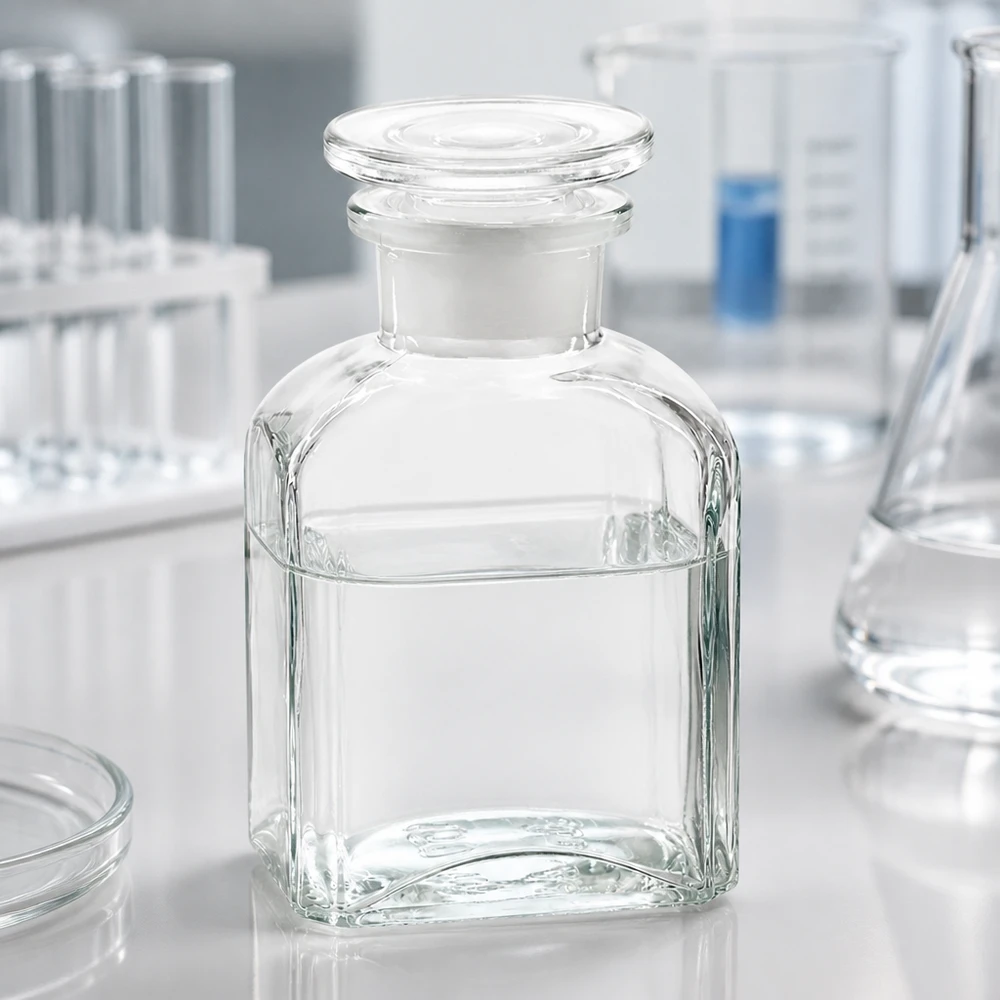 Butelka laboratoryjna z korkiem o pojemności 150 ml, wykonana z przezroczystego szkła, z szeroką szyjką i okrągłym szklanym korkiem