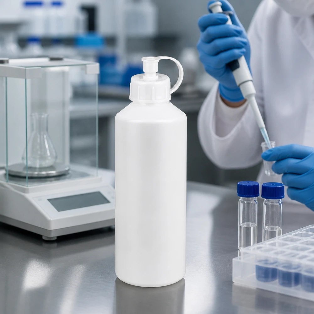Butelka apteczna z HDPE o pojemności 100 ml z białym zamknięciem typu spray w środowisku laboratoryjnym na stole ze stali nierdzewnej