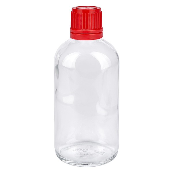 Butelka 100 ml 11 mm SV czerwony OV ClearLine UT18/100 Przezroczysta szklana butelka o pojemności 100 ml z czerwoną zakrętką i plombą zabezpieczającą ClearLine