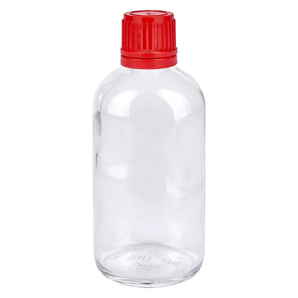 Butelka 100 ml 11 mm SV czerwony OV ClearLine UT18/100 Przezroczysta szklana butelka o pojemności 100 ml z czerwoną zakrętką i plombą zabezpieczającą ClearLine