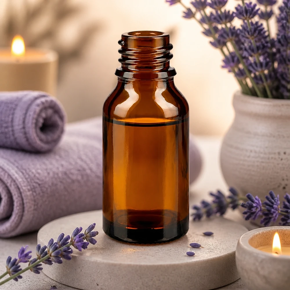 Butelka z zakraplaczem 30 ml DIN 18 bursztynowe szkło HIGH SHAPE 30ml brązowa butelka aptekarska ApoGlas z lawendą spa wellness aromaterapia ręczniki świece atmosfera
