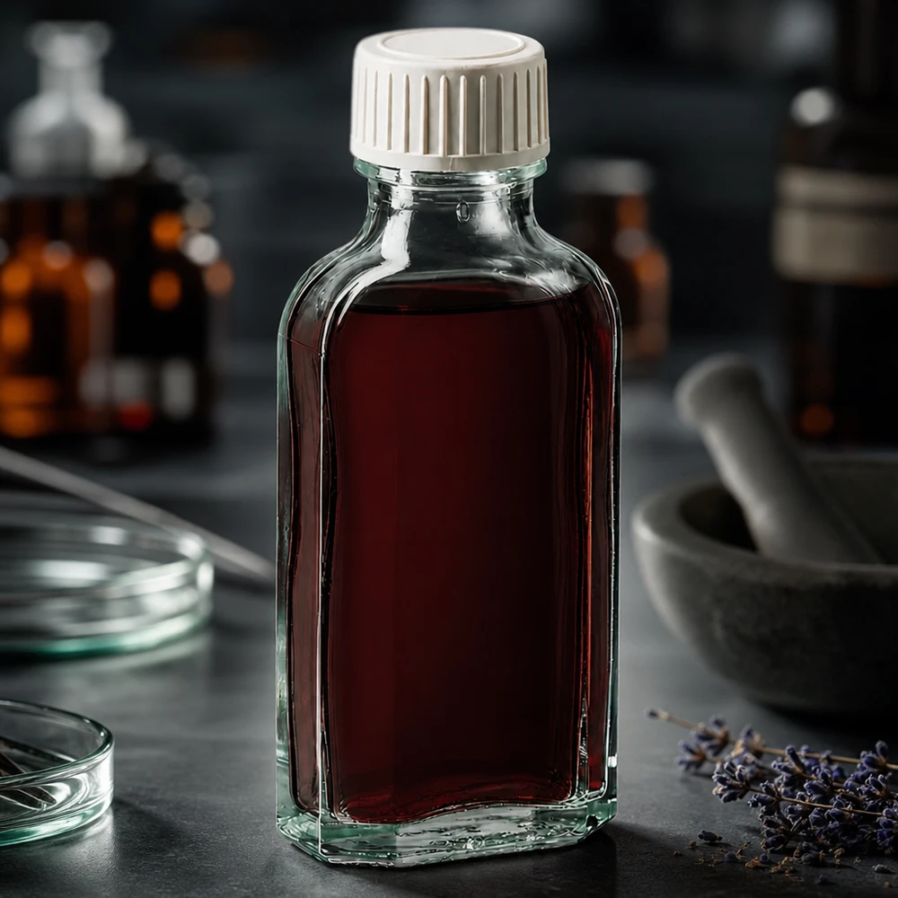 Płaska, przezroczysta szklana butelka Meplat o pojemności 50 ml z białym zakrętkiem zabezpieczonym przed dziećmi
