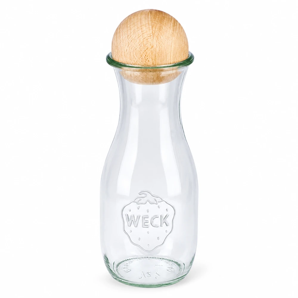 Butelka na sok 530ml WECK RR60 z drewnianą kulką buk 530ml WECK butelka na sok RR60 wykonana ze szkła z drewnianą kulką i bukowym zamknięciem przezroczysta szklana butelka z logo WECK