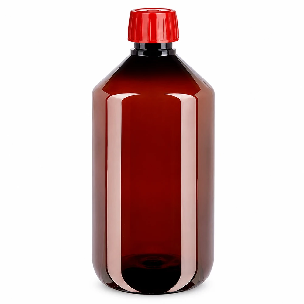 Butelka PET 500ml z nakrętką odgazowującą czerwona Brązowa butelka PET o pojemności 500 ml z czerwonym zamknięciem odpowietrzającym, przeznaczona do bezpiecznego przechowywania płynów