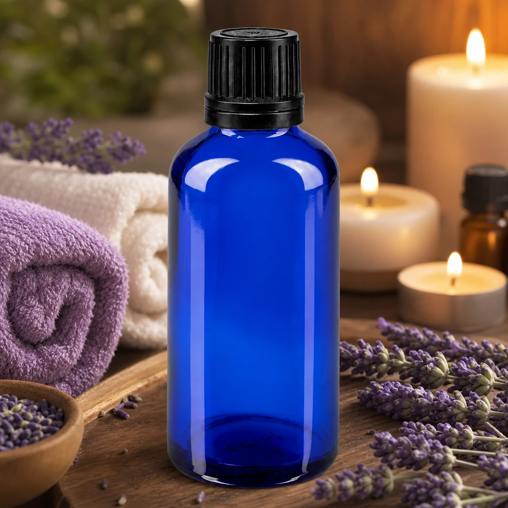 Butelka apteczna niebieska 50ml zakrętka czarny nalewak r. OV Niebieska szklana buteleczka o pojemności 50 ml z czarnym zakraplaczem, umieszczona wśród kwiatów lawendy i świec