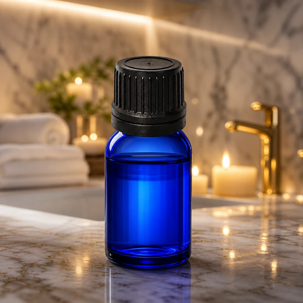 Butelka z niebieskiego szkła o pojemności 5 ml z otworem 1 mm do precyzyjnej aplikacji kroplowej w łazience i spa