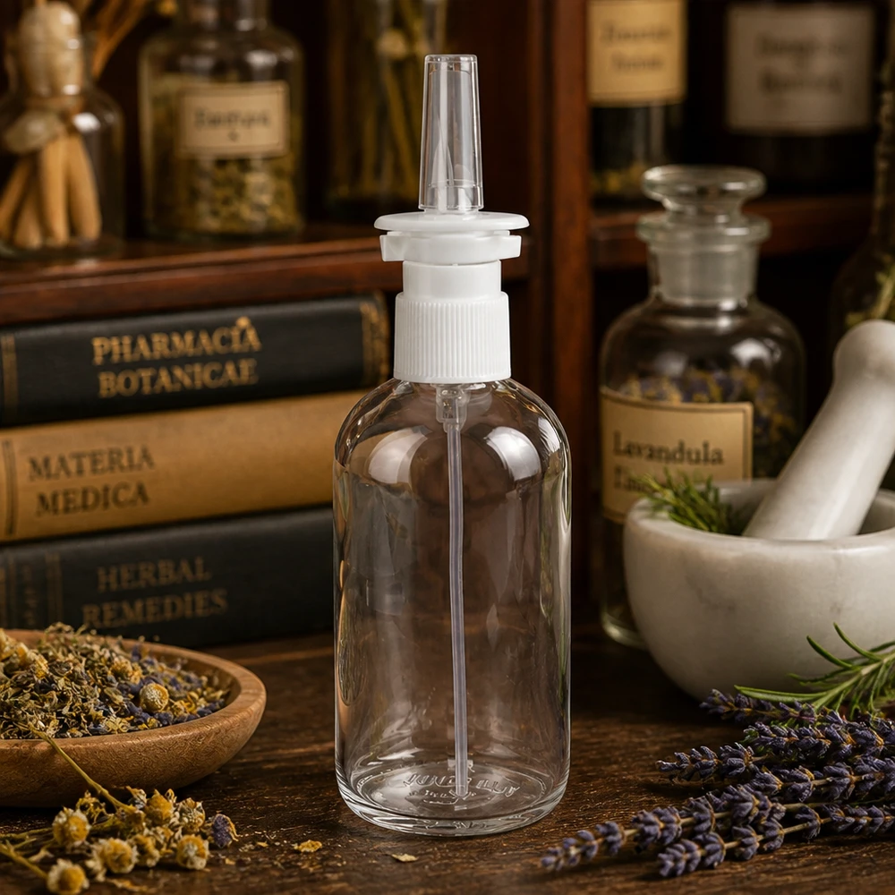 Butelka na spray do nosa ClearLine o pojemności 100 ml z białą pompką na tle botanicznych ksiąg ziołowych