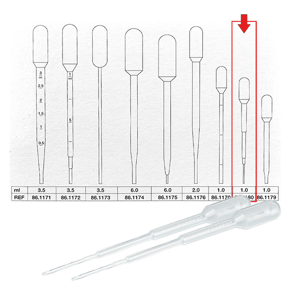 Pipeta transferowa, objętość nominalna: 1 ml, (dł. x szer.): 104 x 10 mm, materiał: LD-PE, przezroczysta, wielkość kropli: 17 µl - 22 µl, 750 sztuk/karton Pipeta transferowa, objętość nominalna: 1 ml, (dł. x szer.): 104 x 10 mm, materiał: LD-PE, przezroczysta, wielkość kropli: 17 µl - 22 µl, 750 sztuk/karton