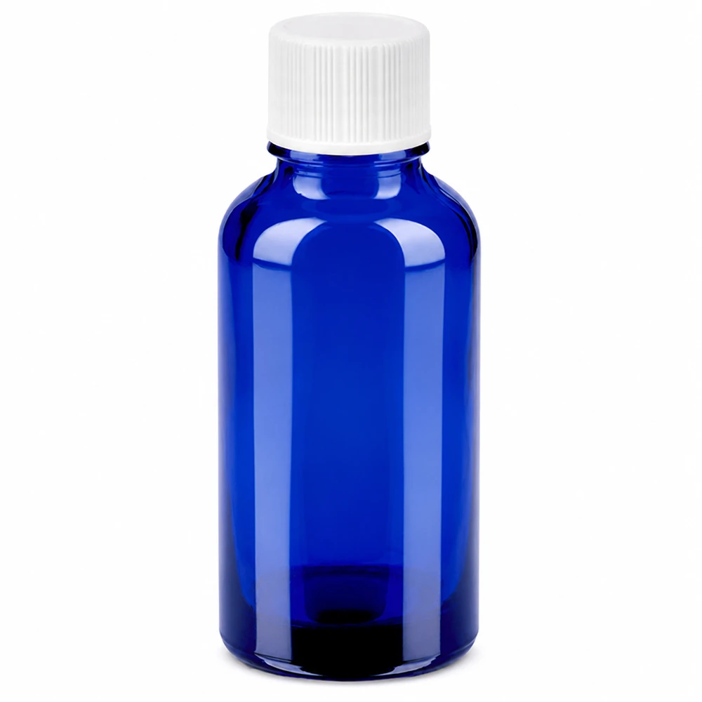 30 ml niebieska szklana butelka z białą zakrętką na olejki eteryczne i kosmetyki