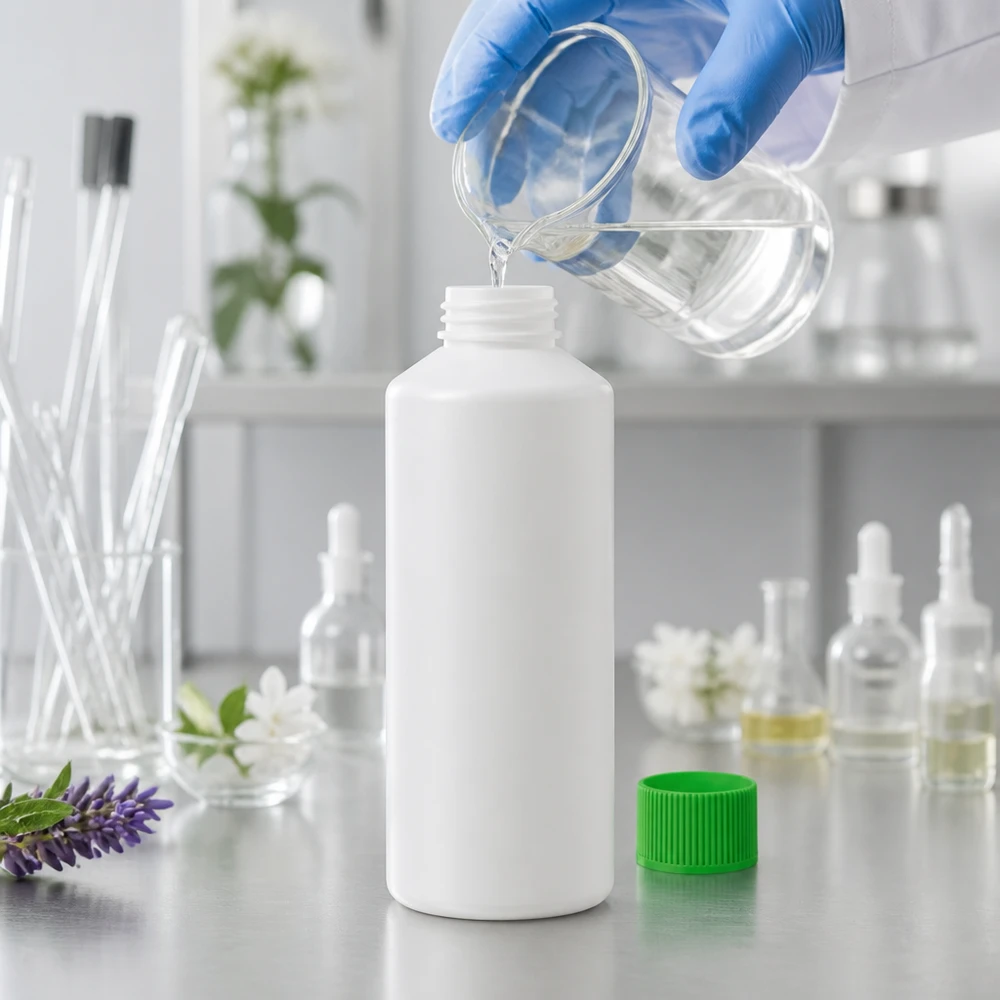 Butelka apteczna HDPE 100ml biała, z zielonym SV Okrągła butelka z HDPE o pojemności 100 ml, w kolorze białym z zieloną nakrętką, po napełnieniu przezroczystym płynem