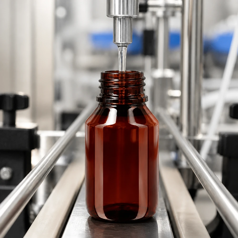 Butelka PET 50 ml z brązową nakrętką OV Kompakte 50ml PET Flasche braun mit Originalitätsverschluss auf Edelstahl Abfüllstation