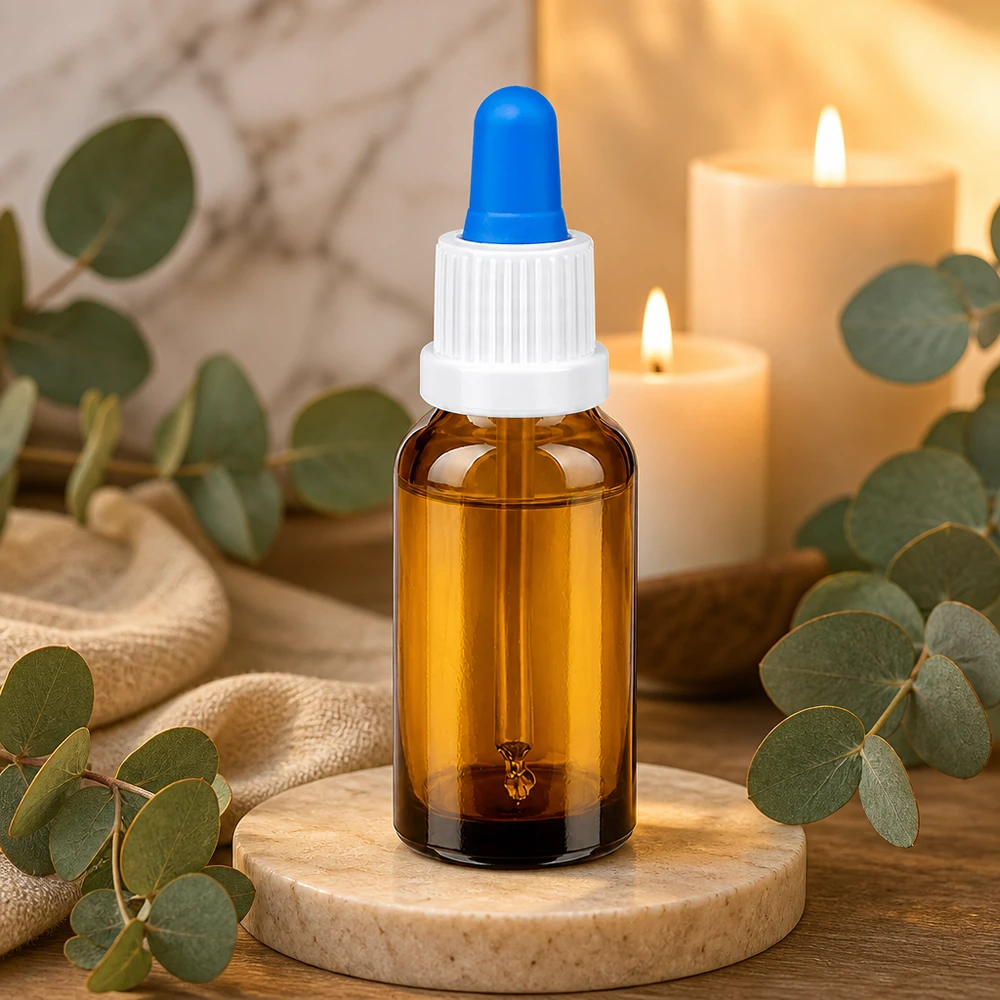 Wysokiej jakości butelka z pipetą o pojemności 20 ml wykonana z eleganckiego bursztynowego szkła z ergonomiczną białą nasadką z zakraplaczem.