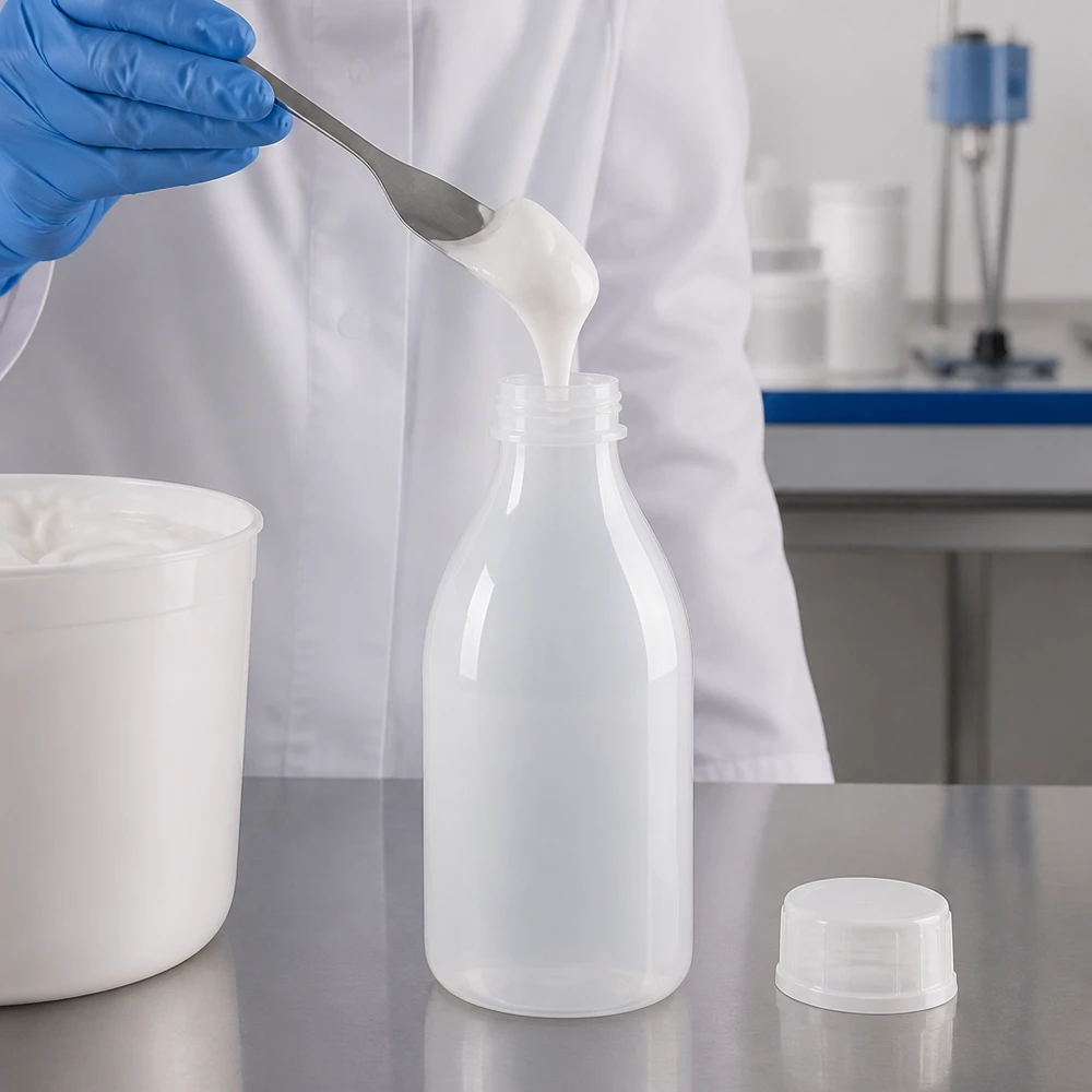 Butelka zakręcana 100 ml, butelka laboratoryjna z wąską szyjką Kremową białą substancję napełnia się za pomocą metalowej łopatki do przezroczystej butelki z zakrętką o pojemności 100 ml