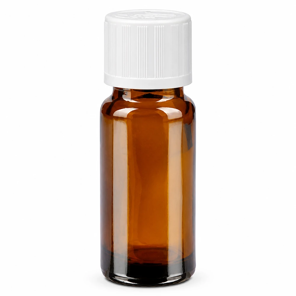 10 ml brązowa szklana buteleczka apteczna z białym zamknięciem zabezpieczającym przed dziećmi o średnicy 11 mm