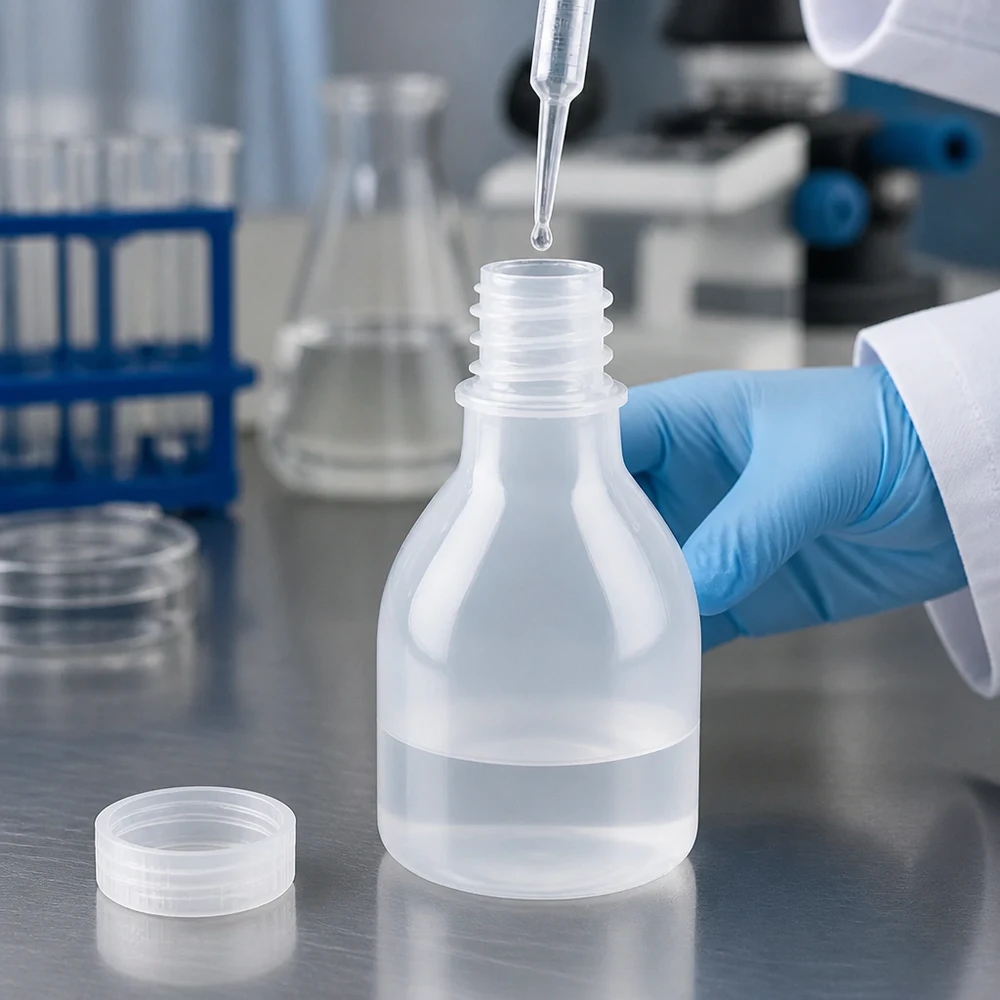 Butelka laboratoryjna o pojemności 20 ml z wąską szyjką, wykonana z PE, bez nakrętki, z pipetą podczas napełniania w laboratorium