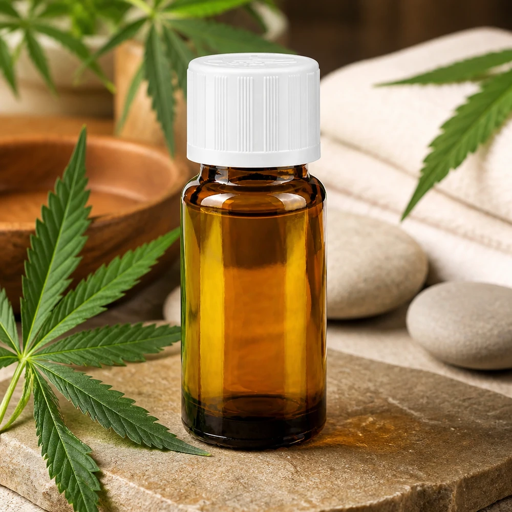 Brązowa buteleczka z olejem CBD o pojemności 10 ml z białym zamknięciem KiSi i kroplomierzem, obok liści konopi