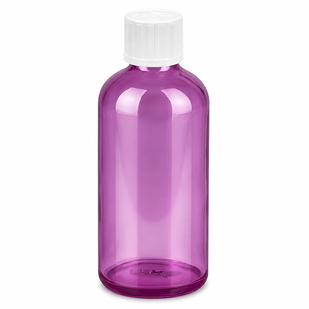 Butelka z zakraplaczem 100 ml 1,2 mm biała, standardowa linia PurpleLine zabezpieczona przed dziećmi. UT18/100 100 ml plastikowa butelka z zakraplaczem w kolorze fioletowo-przezroczystym z białą zakrętką