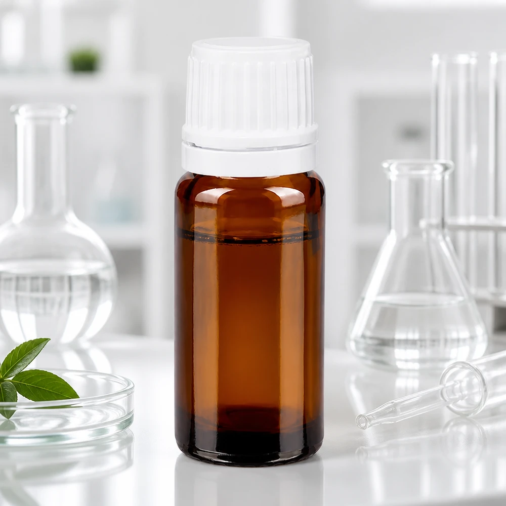 Butelka apteczna o pojemności 10 ml, z brązowego szkła, z białym zamknięciem zabezpieczającym, w laboratorium