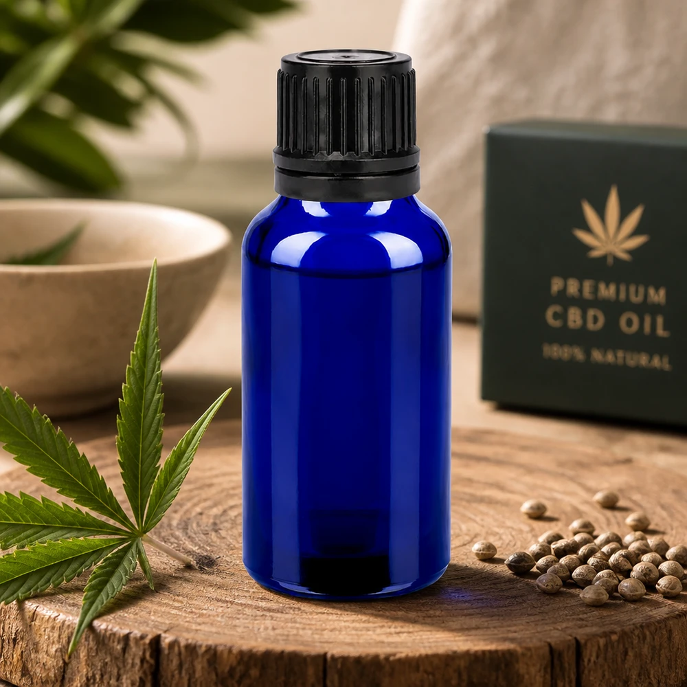 Wytrzymała butelka ze szkła kobaltowego o pojemności 20 ml z czarną zakrętką na olej CBD i kosmetyki naturalne