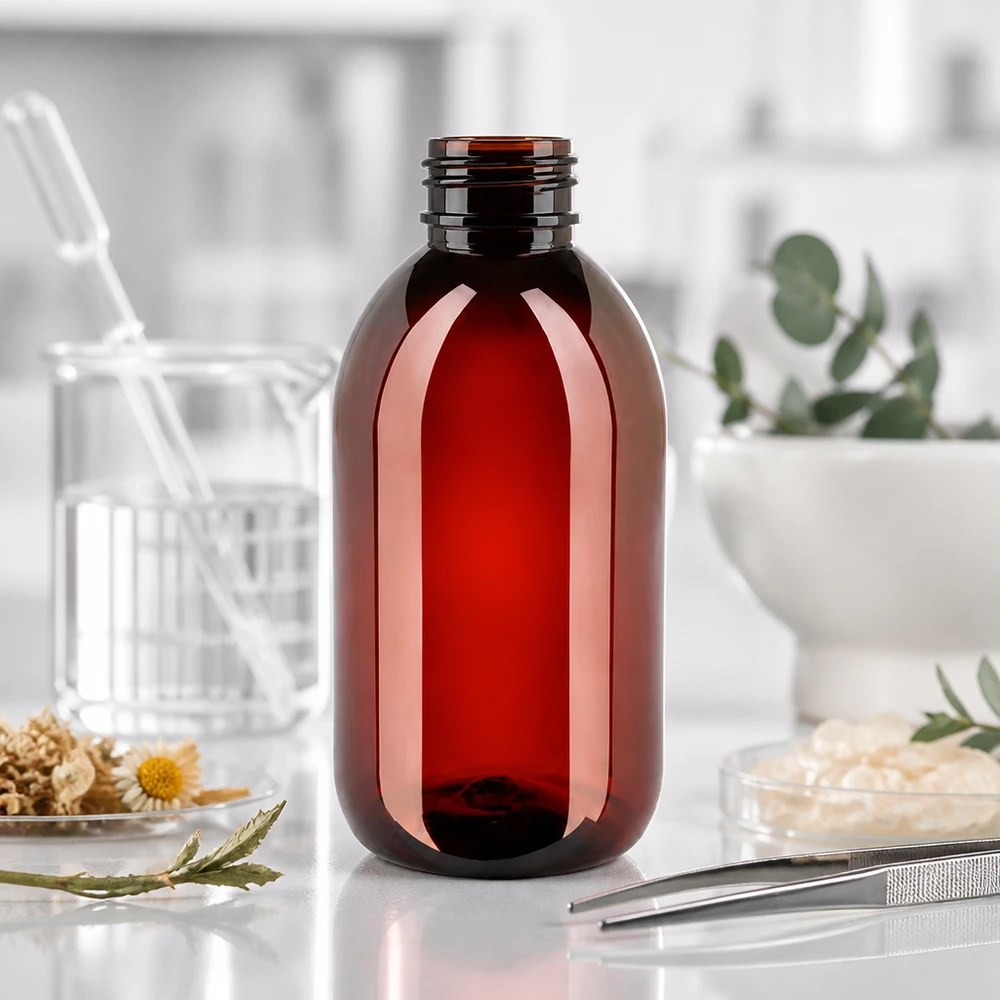 Pusta butelka PET o pojemności 250 ml w kolorze bursztynowym z zamknięciem zabezpieczającym na białym blacie laboratoryjnym