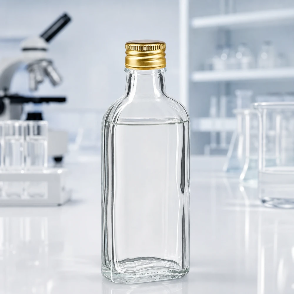 Mała, płaska, prostokątna szklana butelka o pojemności 100 ml ze złotym zakrętkiem PP22 w laboratorium