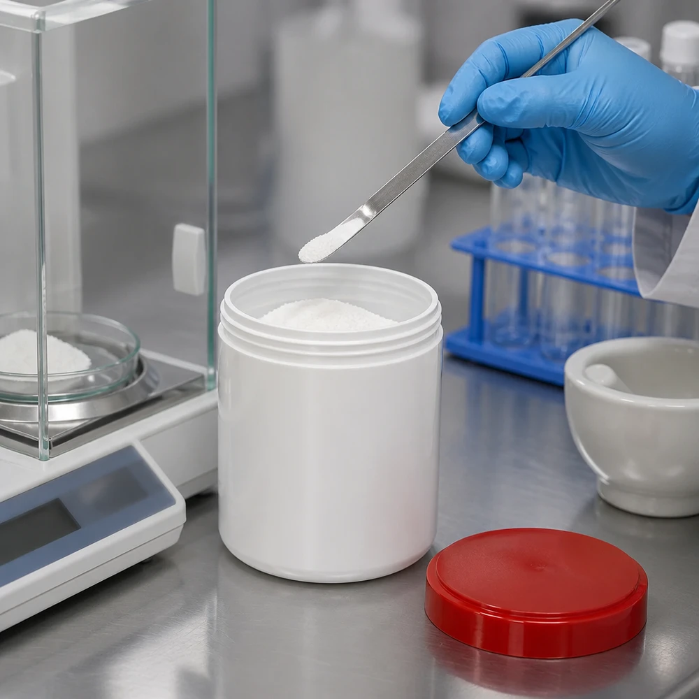 Słoiczek na maść 30g biały z czerwoną zakrętką (PP) Mały słoiczek na maść o pojemności 30 g z czerwoną zakrętką i wagą laboratoryjną w tle