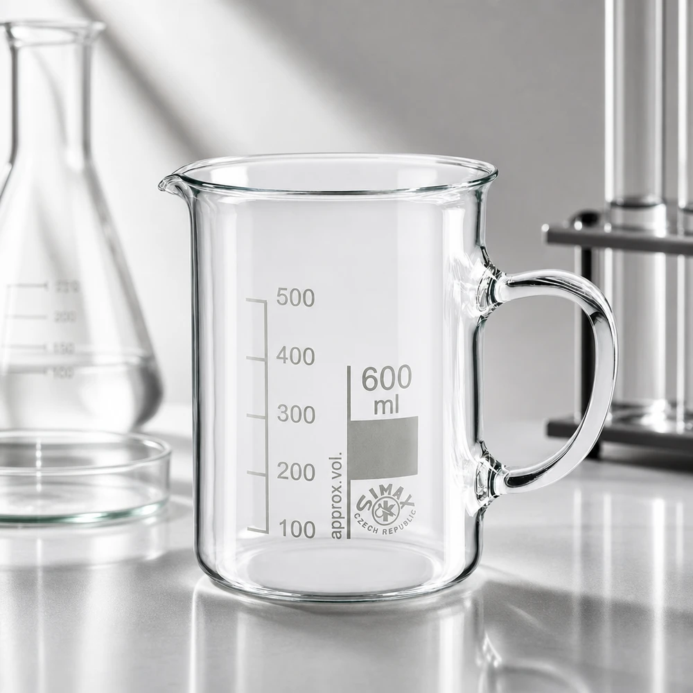 Pusta zlewka o pojemności 600 ml z uchwytem marki SIMAX z Czech na blacie laboratoryjnym