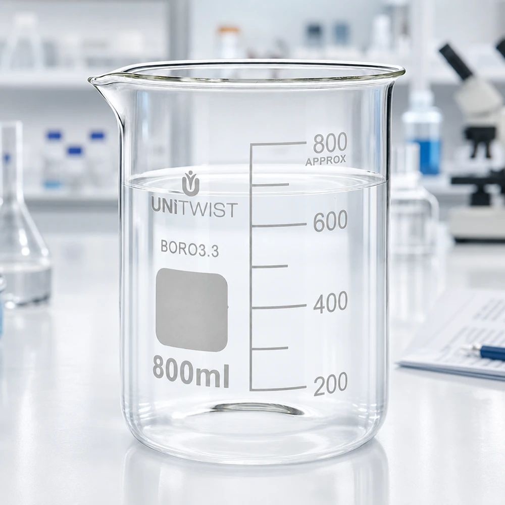 Szklanka UNiTWIST 800 ml, borokrzemianowa 3.3, o niskim profilu, przezroczysta, na białym stole laboratoryjnym