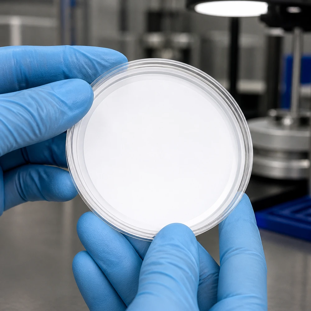 Pokrywka BasicSeal 63 mm, biała (TO63) UNiTWIST Zdjęcie laboratoryjne białej pokrywki BasicSeal TO63 63 mm UNiTWIST trzymanej w niebieskich rękawiczkach ochronnych