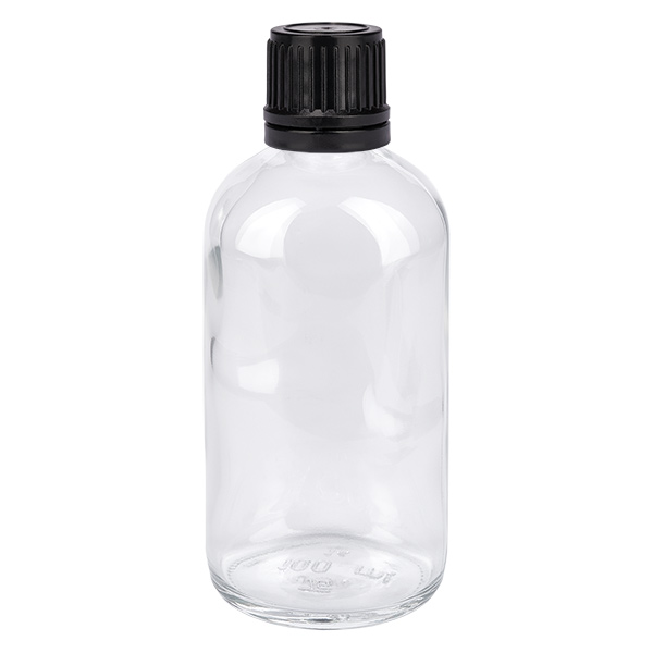 100ml (kulka)Flas. 8mm GR s. STD ClearL. UT18/100 Przezroczysta szklana butelka o pojemności 100 ml z czarną zakrętką, przeznaczona do globulek i preparatów homeopatycznych