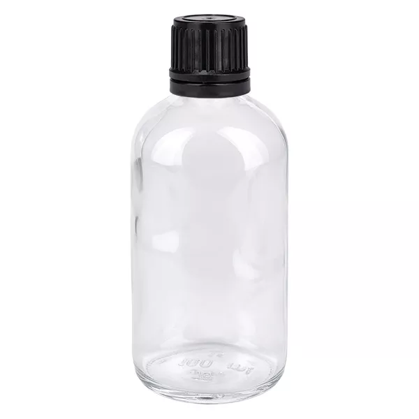 100ml (kulka)Flas. 8mm GR s. STD ClearL. UT18/100 Przezroczysta szklana butelka o pojemności 100 ml z czarną zakrętką, przeznaczona do globulek i preparatów homeopatycznych