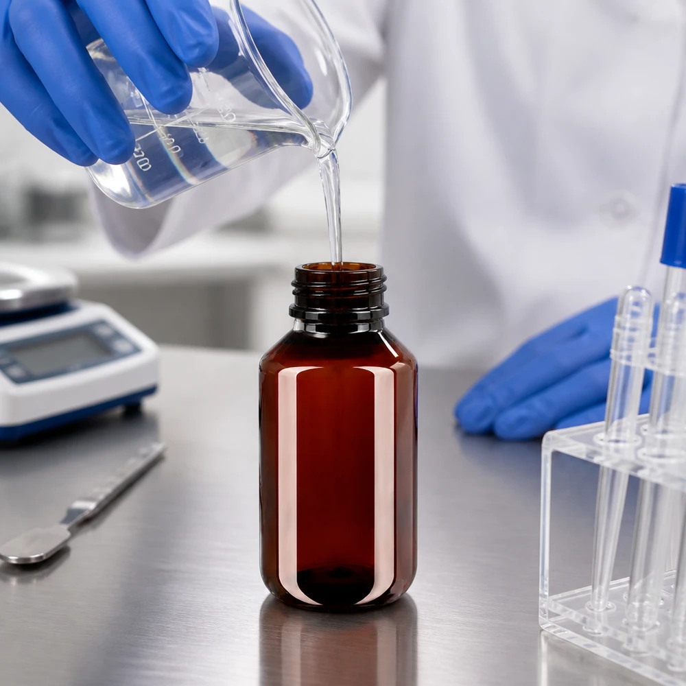 Befüllung einer braunen 100ml PET Flasche mit Standardverschluss durch Labormitarbeiter in Weißkittel